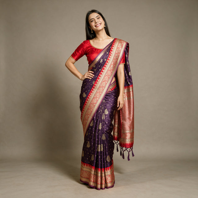 Purple Banarasi Art Silk Saree with Zari Butas & Red Temple Border, worn by a model