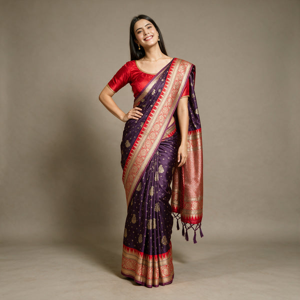 Purple Banarasi Art Silk Gifting Saree with Zari Butas & Red Temple Border