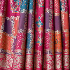 Multicolor patchwork silk fabric with ornate floral motifs and zari detailing