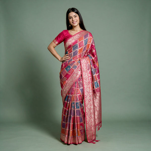 Pink patchwork silk saree with zari floral border and contrasting panel drape