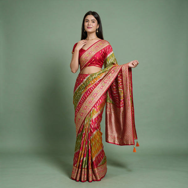 Red and green Rangkat Banarasi silk saree with zari border and embroidered butis