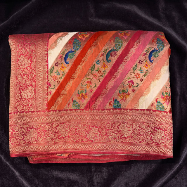 Red position print saree in pure viscose, folded view