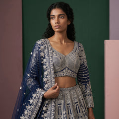 Navy blue embroidered blouse and lehenga skirt with draped dupatta