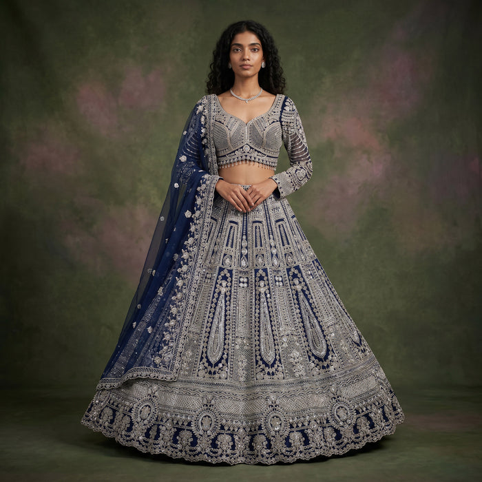 Cutdana Beads Handwork Navy Blue Reception Wear Designer Lehenga