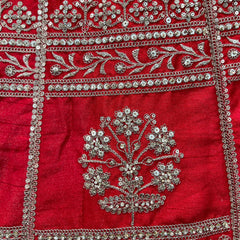 Red lehenga panel with ornate silver floral motif embroidery