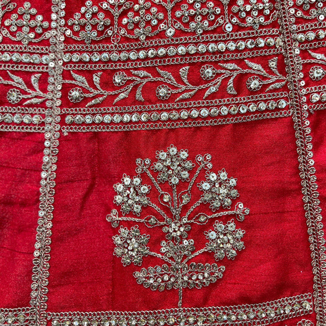 Red lehenga panel with silver chain embroidery and floral motif
