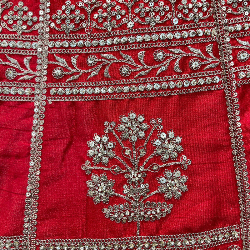 Red lehenga panel with ornate silver floral motif embroidery