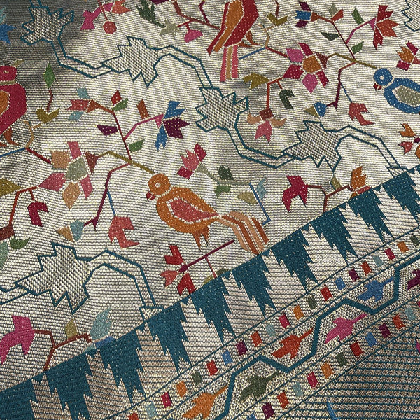 Sage green saree fabric close-up with bird jaal print and teal geometric border strip
