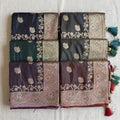 Satin sarees with zari buta and paisley border in six dark colours