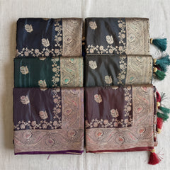 Satin sarees with zari buta and paisley border in six dark colours