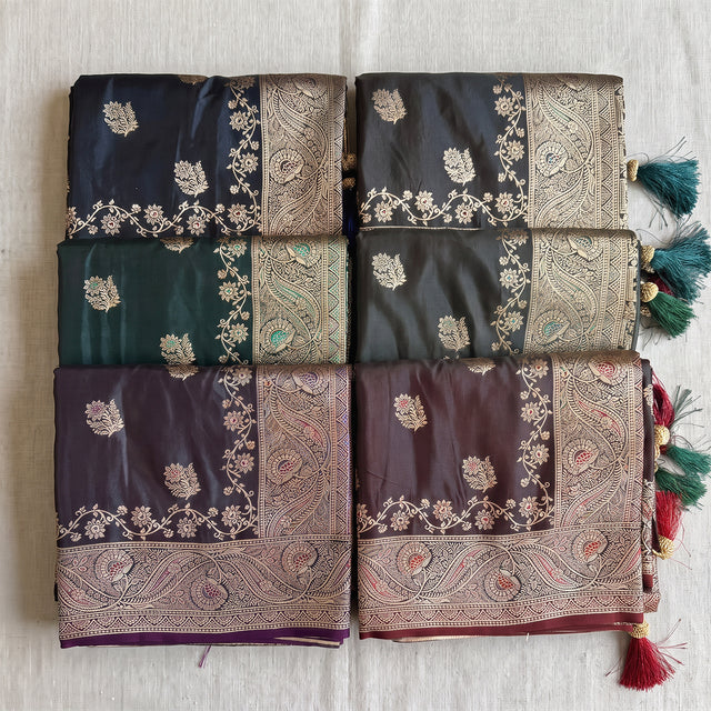 Satin sarees with zari buta and paisley border in six dark colours