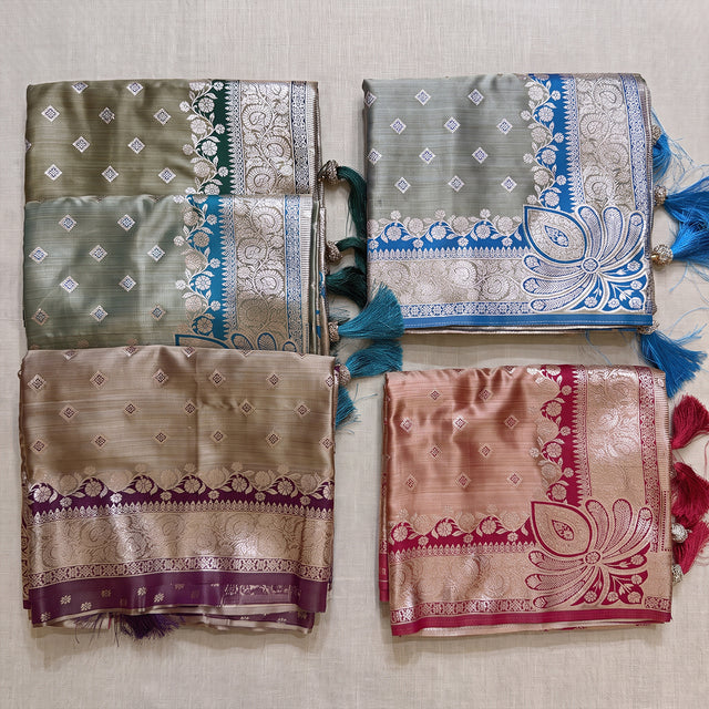 Satin Gifting Saree with Zari Butis & Contrast Scallop Border in five colours