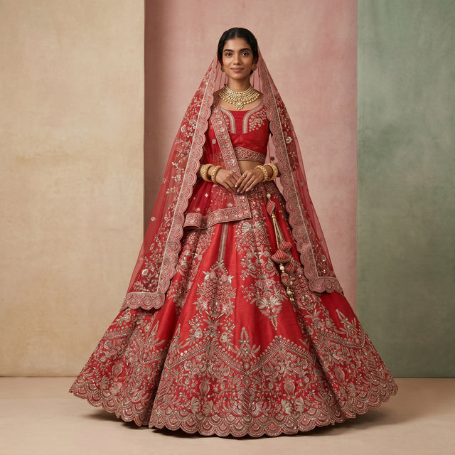 Red bridal lehenga skirt with gold embroidery and matching dupatta
