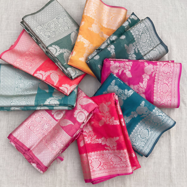 Shimmer organza sarees with silver zari floral border in nine colours