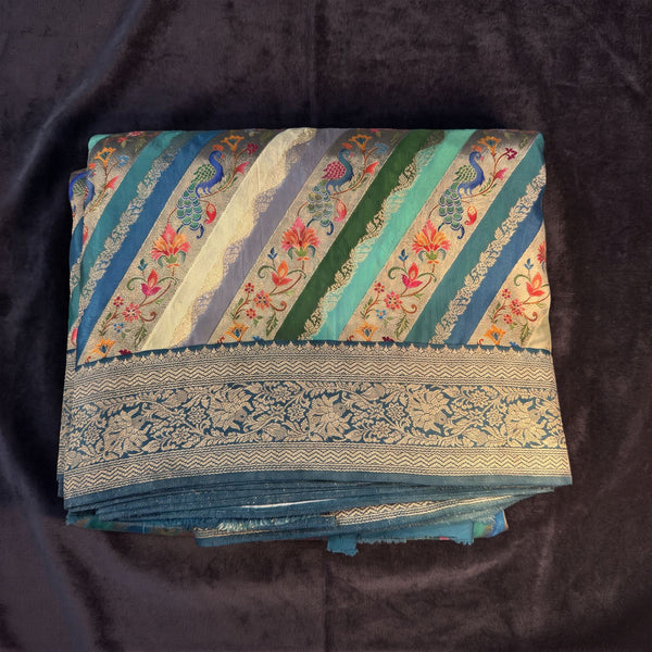 Teal Blue Pure Viscose Position Print Saree with Leheriya Stripes, Peacocks & Zari Border