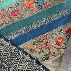 Teal Blue position print saree in pure viscose, close-up of the print