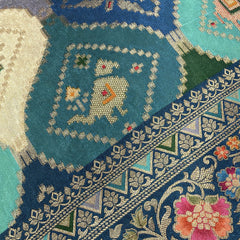 Teal Blue position print saree in pure viscose, close-up of the print