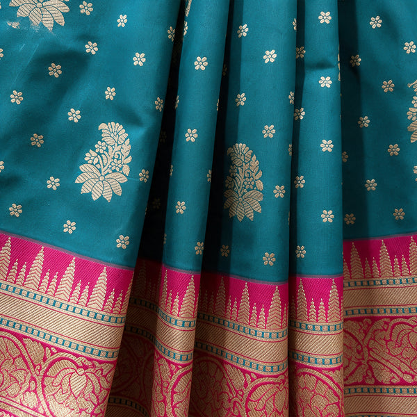 Teal Blue Banarasi Art Silk Saree with Zari Butas & Rani Pink Temple Border, close-up of the weave