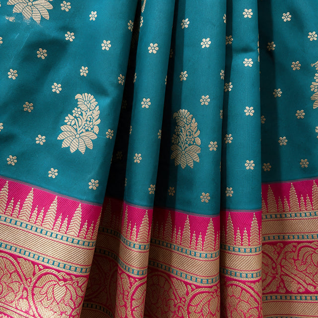 Teal Blue Banarasi Art Silk Saree with Zari Butas & Rani Pink Temple Border, close-up of the weave