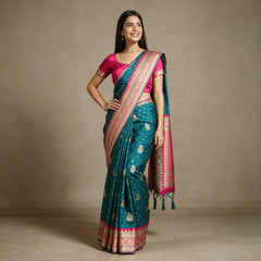 Teal Blue Banarasi Art Silk Saree with Zari Butas & Rani Pink Temple Border, worn by a model