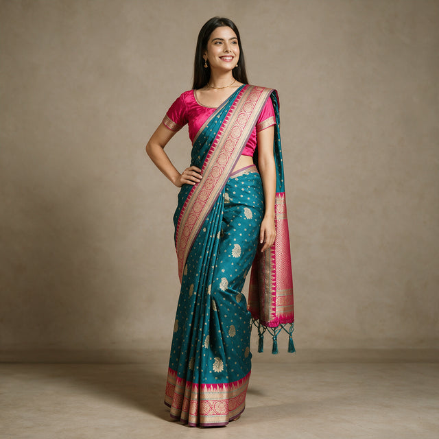 Teal Blue Banarasi Art Silk Saree with Zari Butas & Rani Pink Temple Border, worn by a model