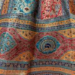 Close-up of multicolour Banarasi-style woven fabric with paisley and floral motifs