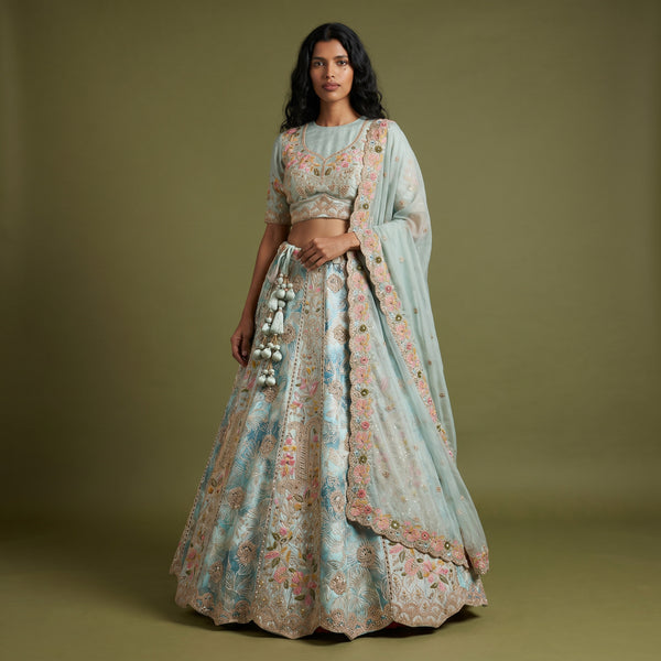 Sky blue embroidered lehenga set with matching blouse and organza dupatta