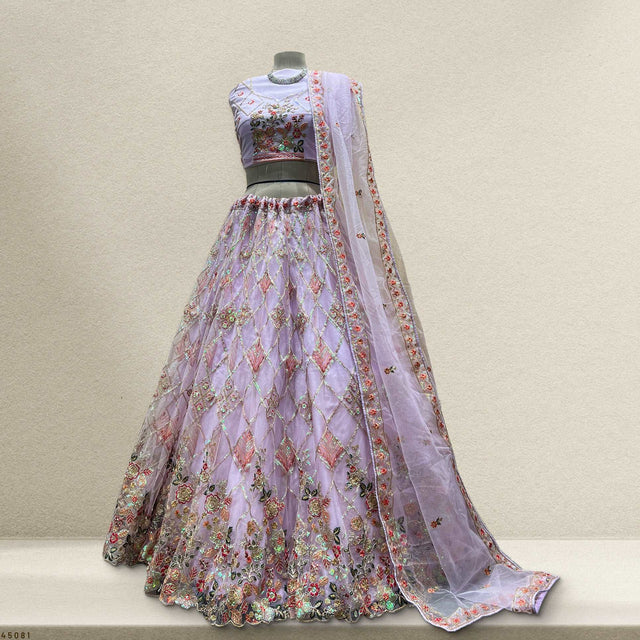 Lavender net lehenga set with embroidered bodice, flared skirt and matching dupatta