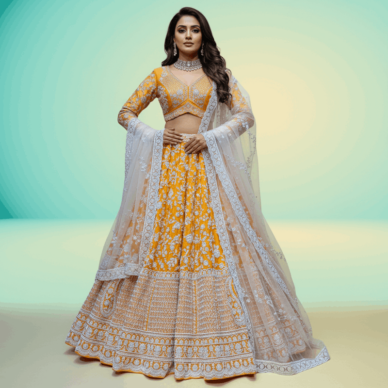 Royalty - Viscose Silk Tangerine Designer Lehenga w/h Full Sleeve Blouse