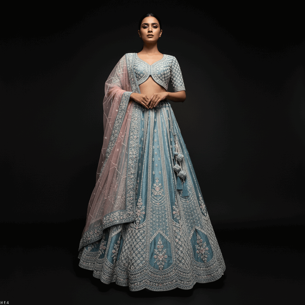 Damsel - Raw Silk Handwork Powder Blue Couture Lehenga