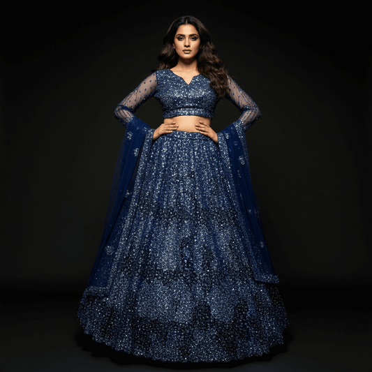 Jazzagals - Designer Handwork Couture Reception Lehenga Navy Blue