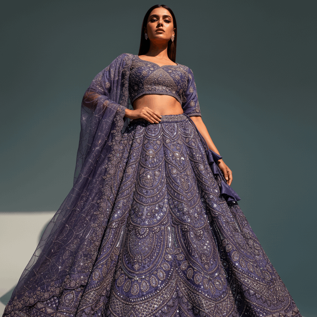 Cherry Blossom - Soft Tissue Blooming Purple Gorgeous Partywear Lehenga