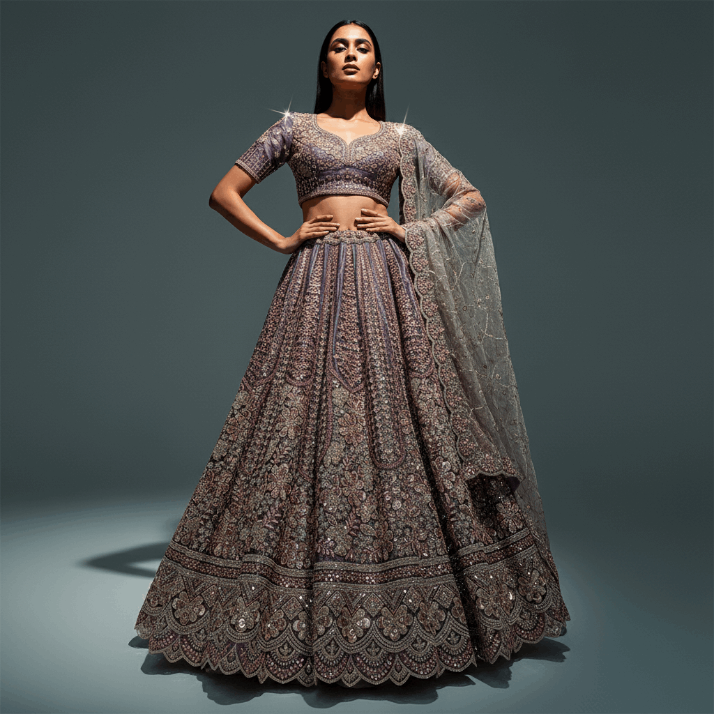 Cherry Blossom - Soft Silk Golden Work Royal Look Partywear Lehenga Purple Satin