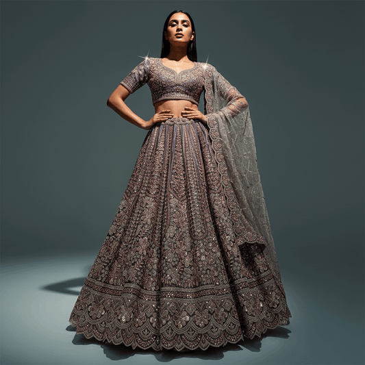 Cherry Blossom - Soft Silk Golden Work Royal Look Partywear Lehenga Purple Satin