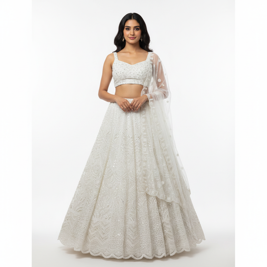 Jazzagals - Beads & Pearls Handwork Off White Dreamy Partywear Lehenga