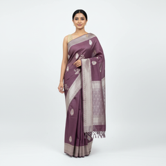 Burgundy cotton-linen blend saree with silver woven border and round motif pattern