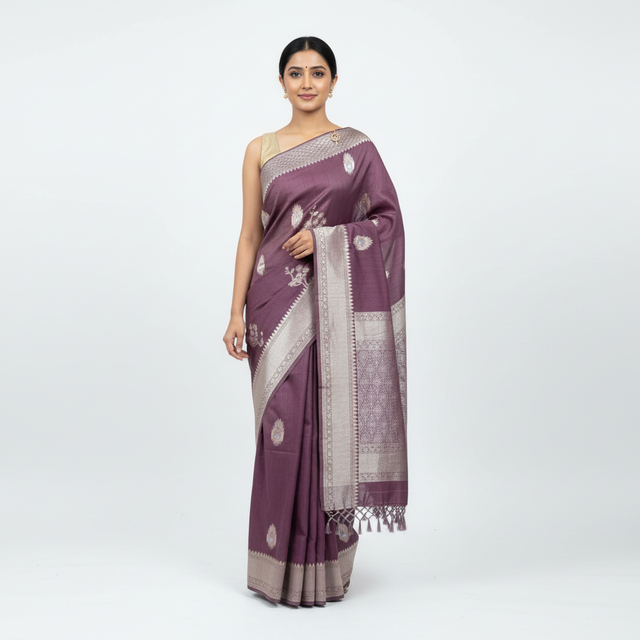 Burgundy saree draped with wide silver-tone border, woven motifs, and fringe end