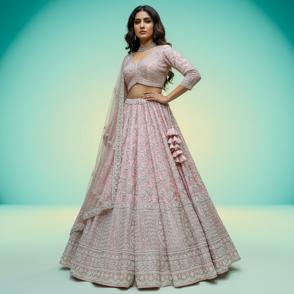 Royalty - Viscose Silk Soft Pink Designer Lehenga w/h Full Sleeve Blouse