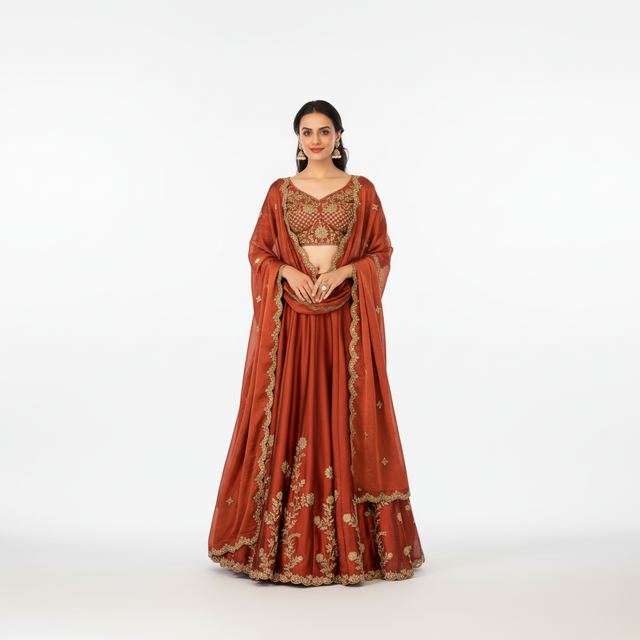 Embroidered lehenga choli set in rust orange with gold sequins and threadwork