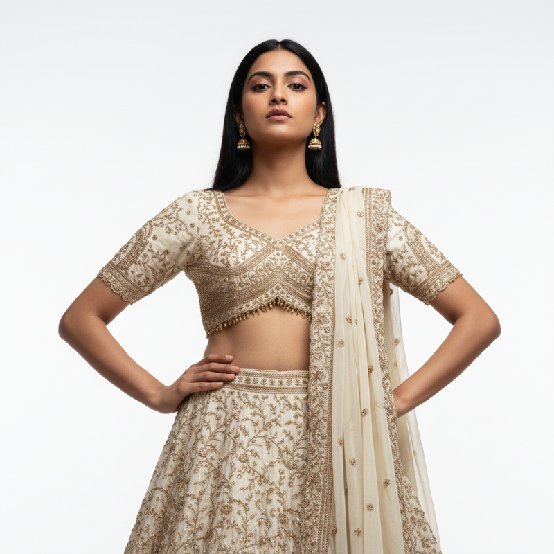 Damsel - Soft Ivory Silk Royal Look Golden Handwork Designer Lehenga