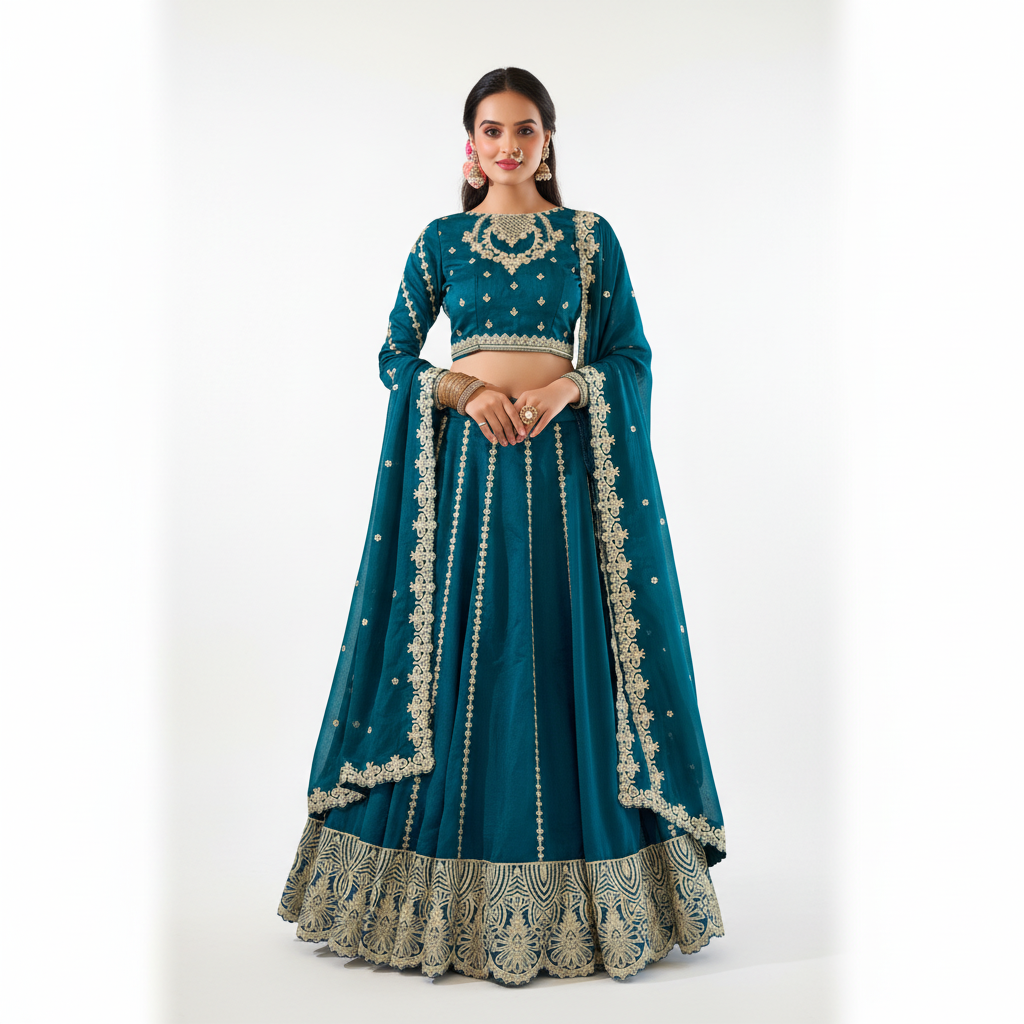 Doli - Vichitra Silk Sequins and Thread Embroidery Work Ferozi Lehenga Choli Set
