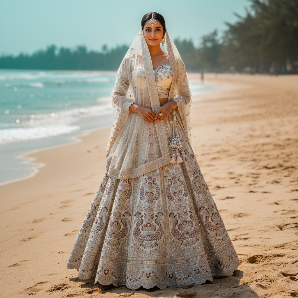 Rosé - Double Dupatta Raw Silk Ivory Bridal Reception Lehenga