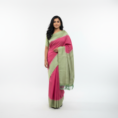 Contrast pallu saree in pink and light green cotton-linen blend, with fringed border