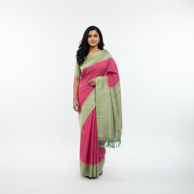 Contrast pallu woven saree in pink and sage green, tassel border and drape
