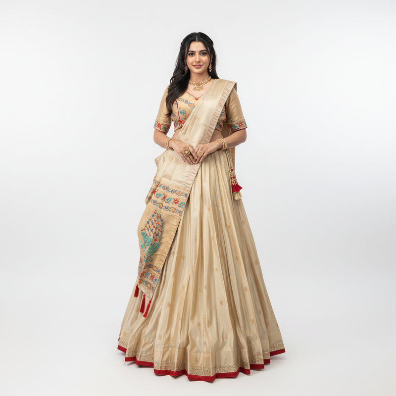 Doli - Jacquard Silk Zari Weaving Work OffWhite Gold Lehenga Choli set