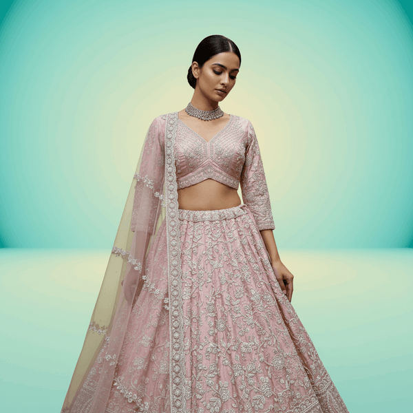 Royalty - Viscose Silk Soft Pink Designer Lehenga w/h Full Sleeve Blouse