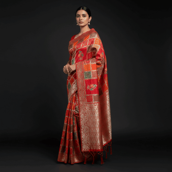 JMS_Studio Designer Silk Saree With Orange Colour and Gold Jari weaving work