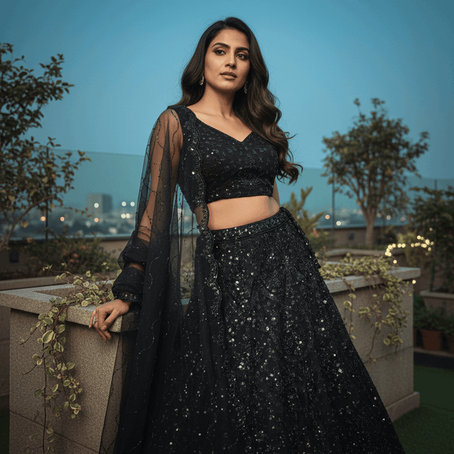 Black beaded lehenga choli with sheer sleeves, fitted crop top, and full skirt