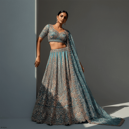 Cherry Blossom - Soft Silk Golden Work Royal Look Partywear Lehenga Electric Blue