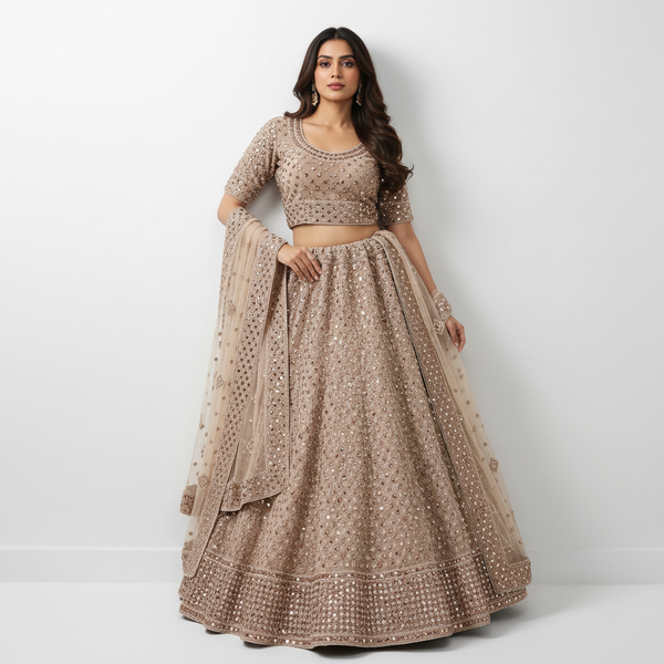 Damsel - Mirror Handwork Metallic Grey Designer Velvet Lehenga